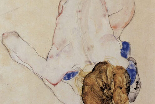 Egon Schiele, Nude with Blue Stockings Bending Forward