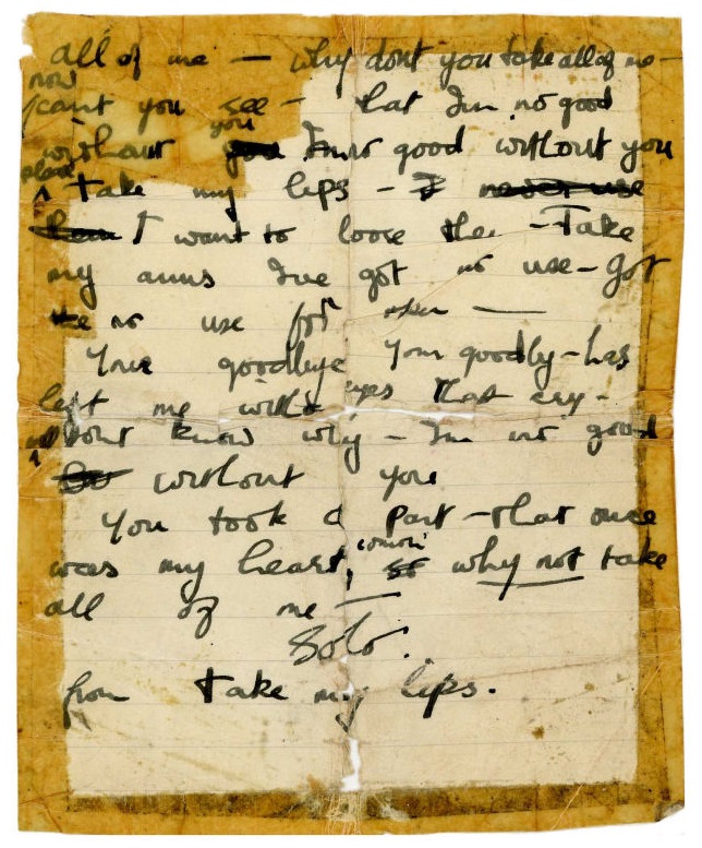 Jazz Moments | "All Of Me" manuscript lyrics | George Harrison, 1960s 1 Jazz Moments | "All Of Me" manuscript lyrics | George Harrison, 1960s George Harrison has written out the lyrics to the 1931 Jazz standard ‘All Of Me