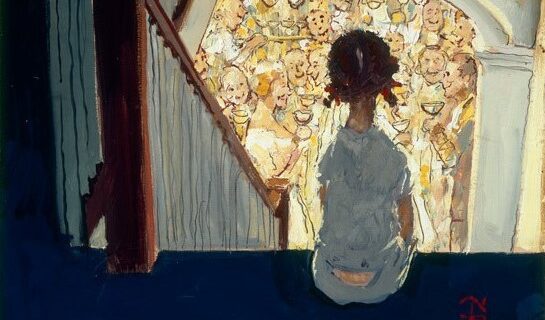 Little Girl Looking Downstairs at Christmas Party Norman Rockwell 1964