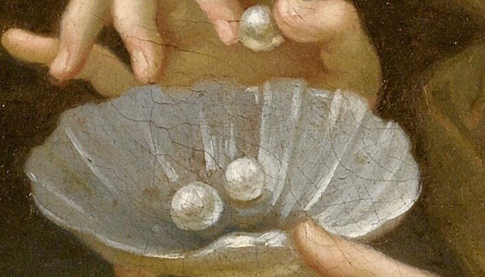 Pierre Mignard, Lady holding a dish of pearls, 17th ce detail