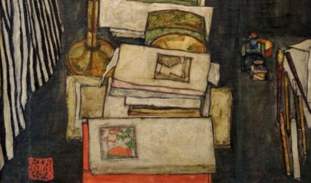 Egon Schiele - Still life with books (Schiele's desk) 1914