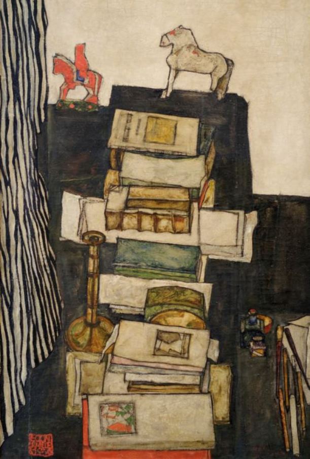Egon Schiele Still life with books Schieles desk 1914