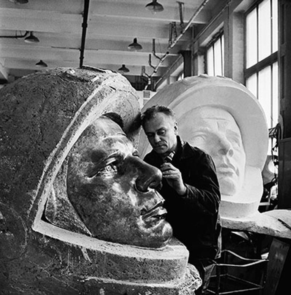 Sculptor Ivan Misko working on a sculpture of Soviet cosmonaut Yuri Gagarin 1962