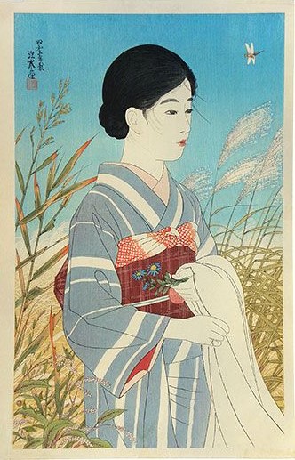 Itou Shinsui A woman nestling in thin meadows and inhabited grasslands Akiharu 1930Fine Weather in Autumn