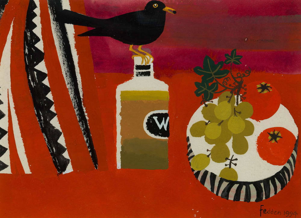 Mary Fedden Blackbird Bottle and Bowl of Fruit 1994