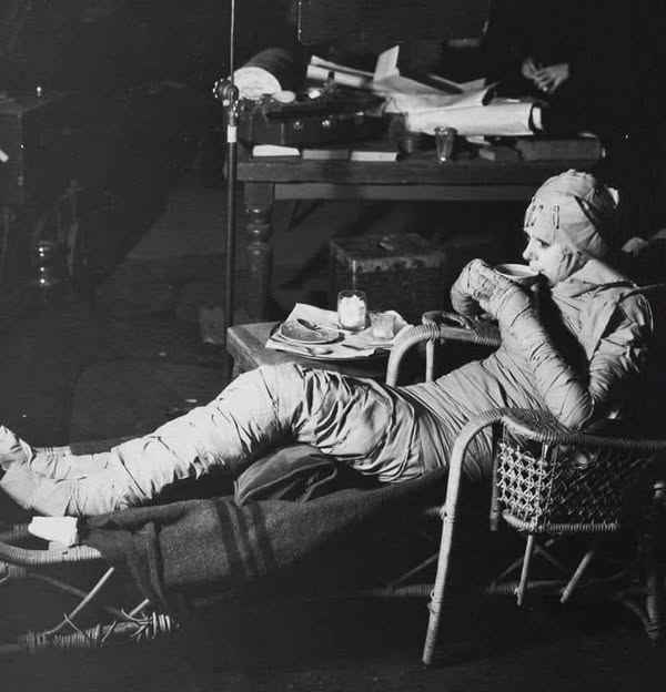 Elsa Lanchester taking a break on the set of Bride of Frankenstein1935