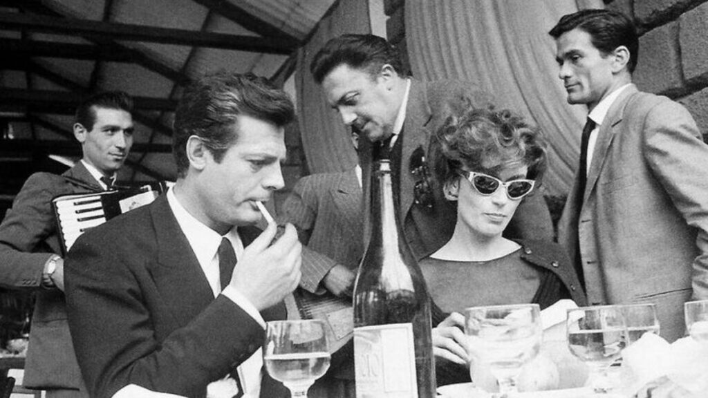 M Mastroianni F Fellini Anouk Aimee P PPasolini during the filming of La Dolce Vita 1960 1