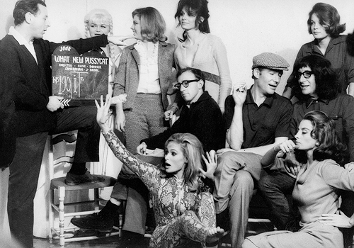 The cast of Whats New Pussycat 1965L to R Woody Allen Paula Prentiss Romy Schneider Peter OToole Ursula Andress Capucine Peter Sellers 1 1