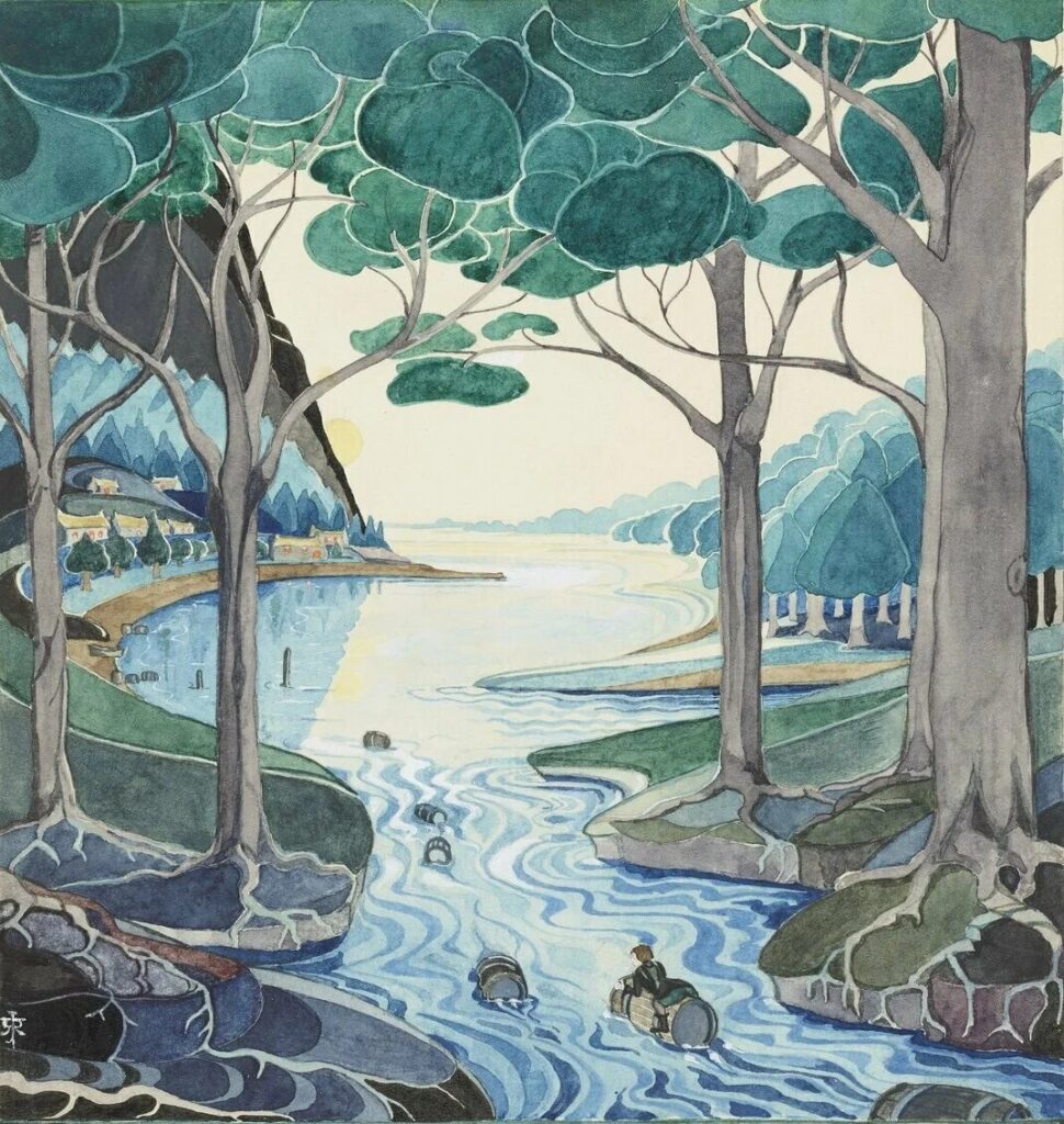 J.R.R. Tolkien Bilbo comes to the Huts of the Raft elves 1937 The Hobbit