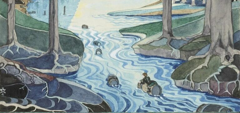 J.R.R. Tolkien  Bilbo comes to the Huts of the Raft-elves  1937  The Hobbit